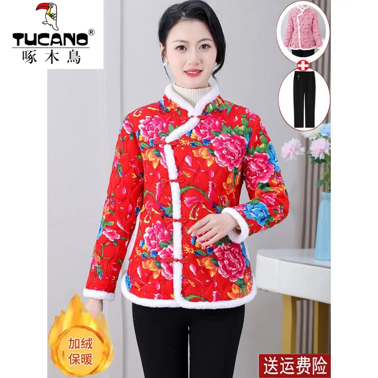 啄木鸟东北大花袄新款国风花棉袄短款中式棉衣中年妈妈秋冬加绒加
