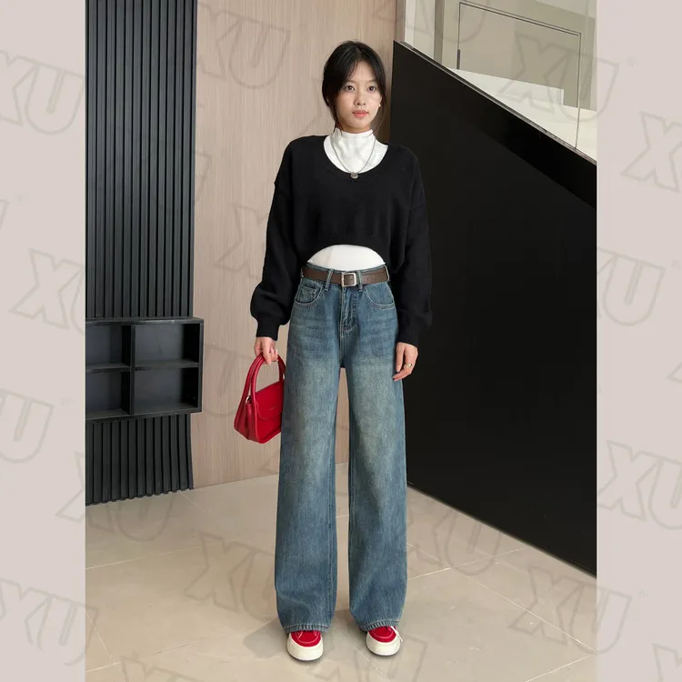 美式复古直筒阔腿牛仔裤女大码胖mm显瘦高腰梨型身材宽松拖地裤子