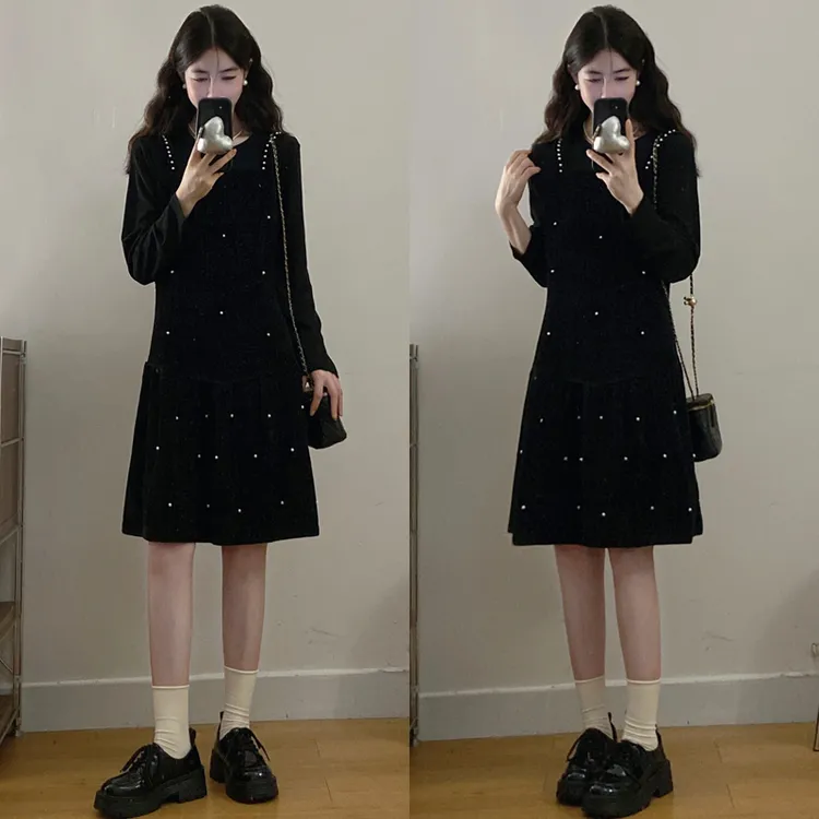 大码胖mm女装秋冬新款法式气质小黑裙时尚减龄金丝绒假两件连衣裙