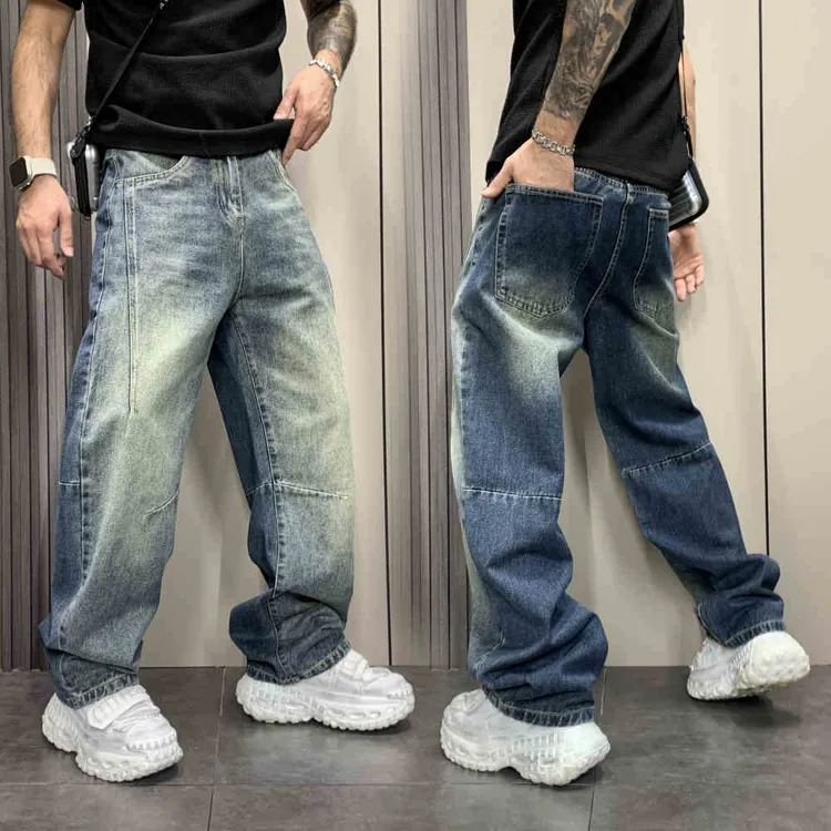 2025秋季新款韩版牛仔裤蓝色水洗渐变潮流宽松直筒做旧直筒裤