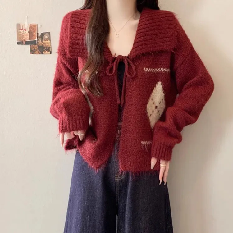 氛围感小个子韩系菱格翻领系带毛衣女冬季慵懒风宽松软糯针织开衫