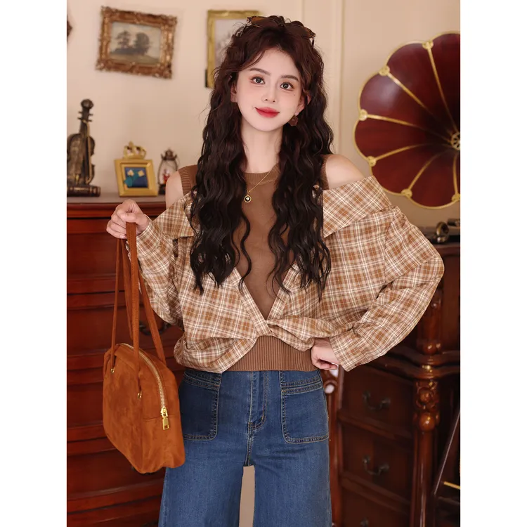 陈大器【秋风麦田】港风复古假俩件针织秋季百搭衬衫JO1218241