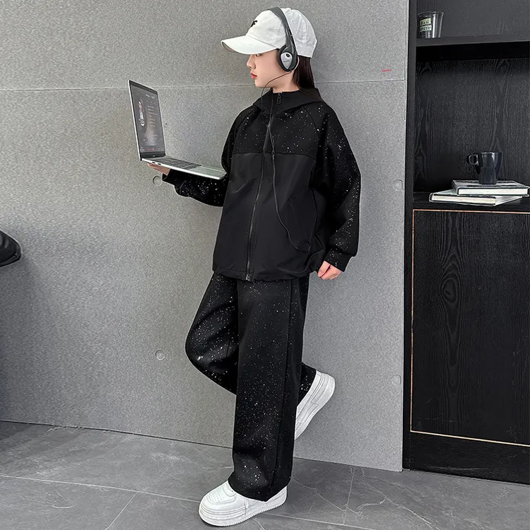 高品质女童春装撒银套装运动休闲高街连帽宽松潮流女孩中大童