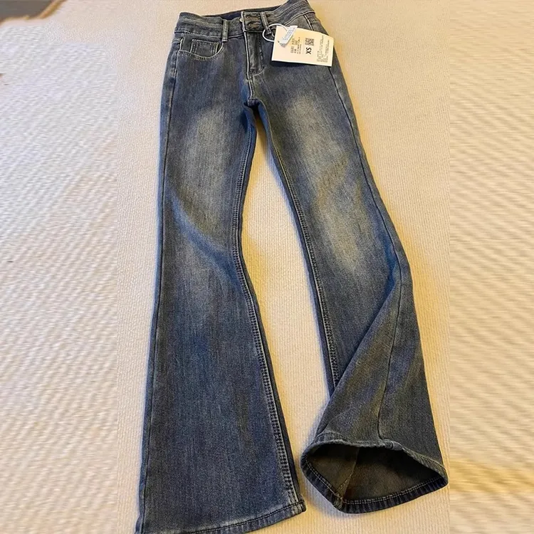 雪千羽水泥灰微喇牛仔裤女2025春秋冬高腰显瘦修身弹力加绒喇叭裤