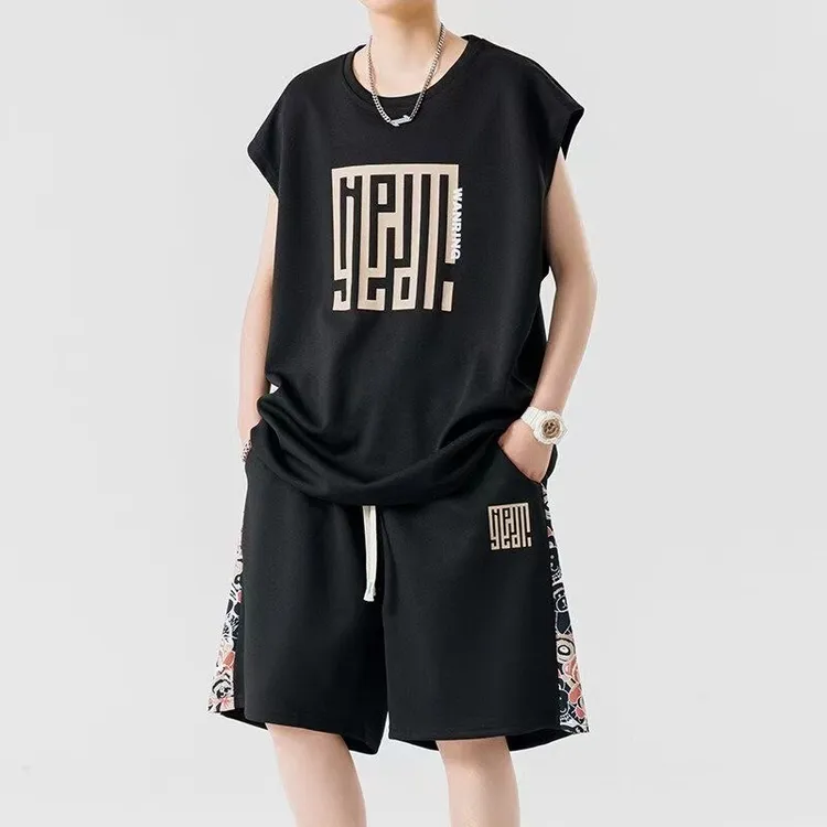 潮牌大码无袖套装男夏季潮流背心坎肩篮球运动服青少年短裤两件套