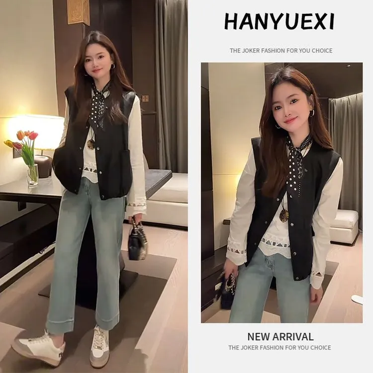 时尚穿搭女2025秋季新显瘦打底衫气质马甲休闲牛仔裤超漂亮三件套