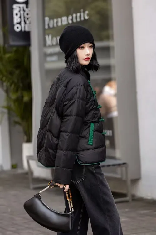 水貂毛领复古文艺盘扣羽绒服黑色