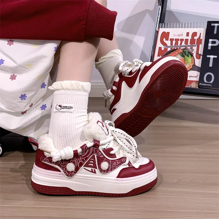 回力冬季加绒大头面包鞋女鞋新款百搭保暖棉鞋运动厚底板鞋酒红色