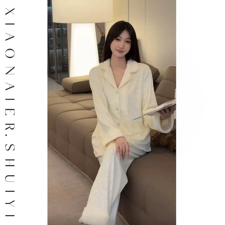 【风铃轻语】秋冬海岛绒长袖长裤两件套显瘦高级气质可外穿套装