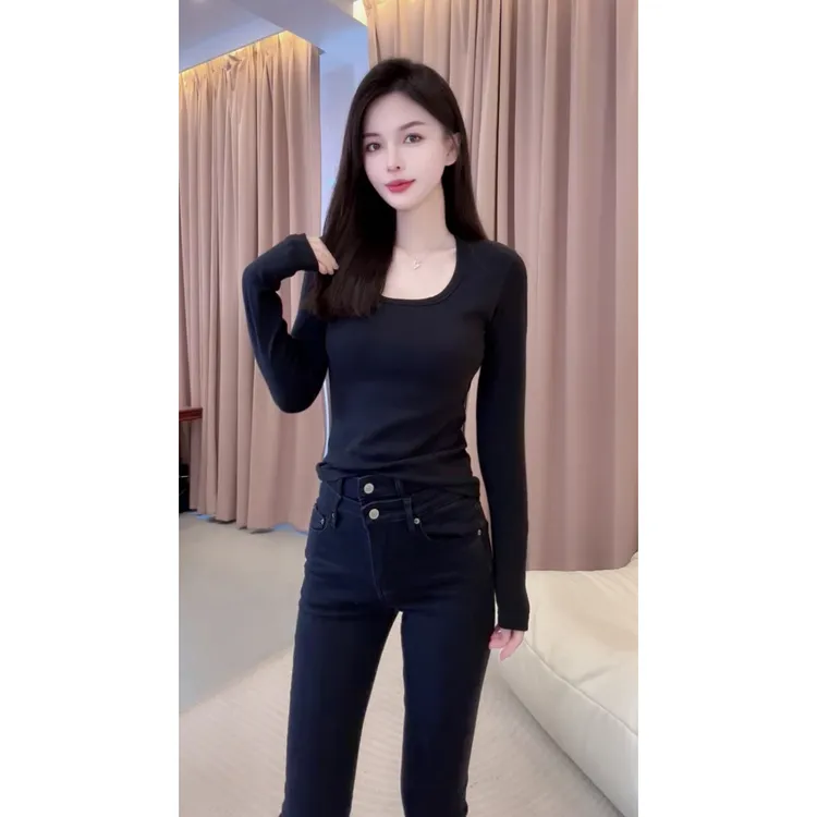 秋冬长袖磨毛加绒加厚U领修身显瘦高级感纯色百搭打底衫T恤39352#