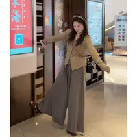秋装新款大码女装气质v领不规则长袖上衣遮肉显瘦阔腿裤时尚套装