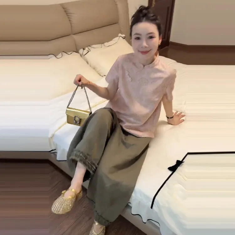 设计感印花漂亮上衣裤子套装女2025夏季新款韩系气质高级两件套潮