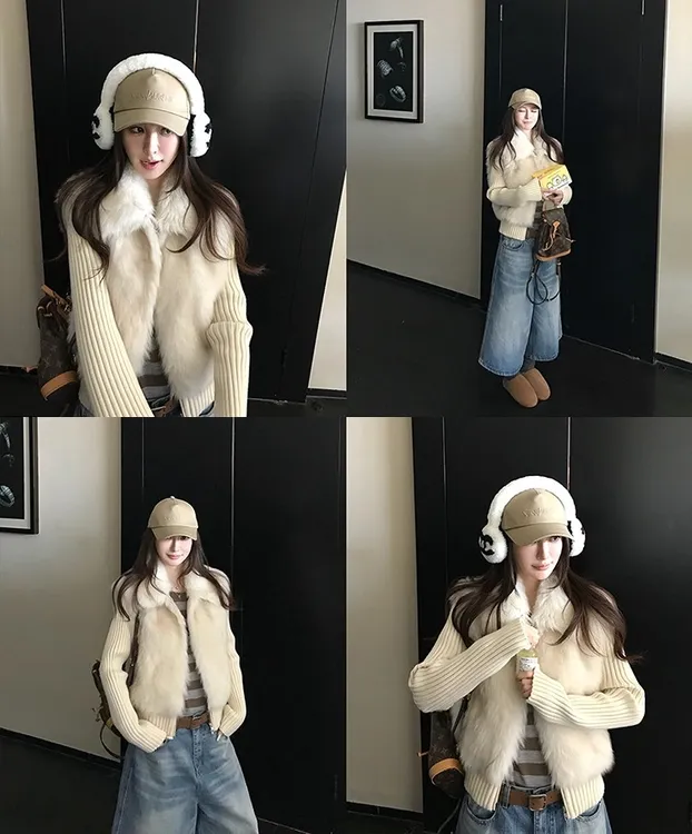 六只象2025冬季环保托卡毛毛外套拼接针织袖加厚毛绒百搭保暖外套