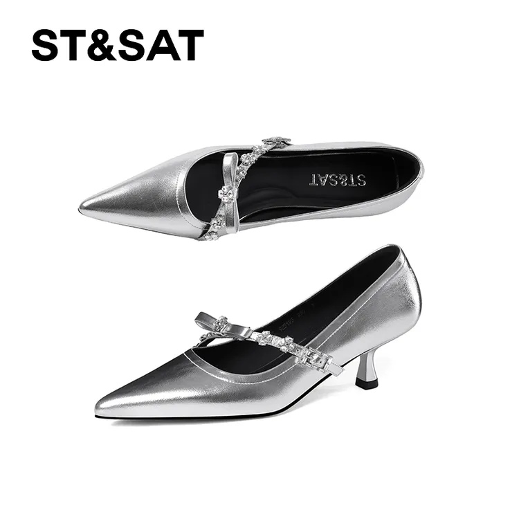 St&Sat/星期六一脚蹬尖头女士时尚女鞋真皮细跟通勤气质黑色单鞋