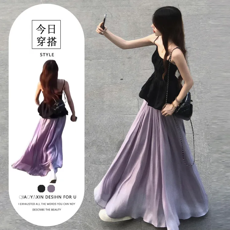 夏日绝美穿搭套装海边度假温柔风黑色吊带上衣a字半身裙两件套女