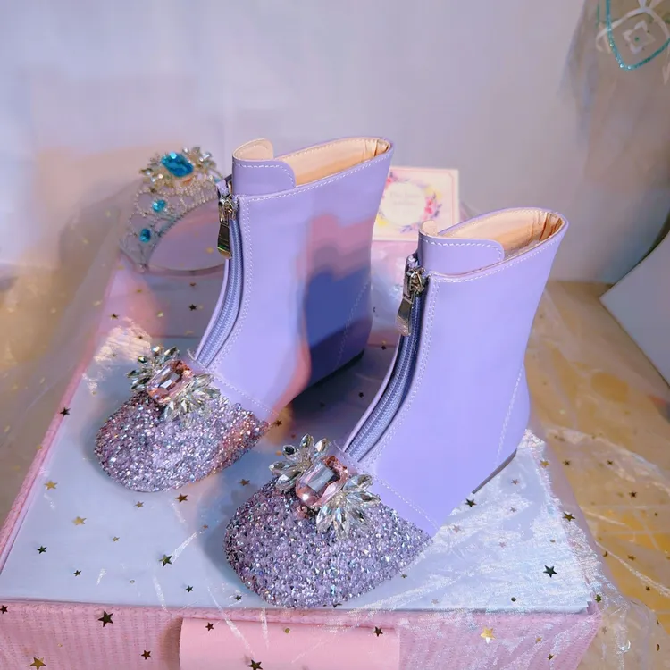女童公主短靴2025秋冬闪亮水钻儿童公主靴加绒保暖小女孩软底皮靴