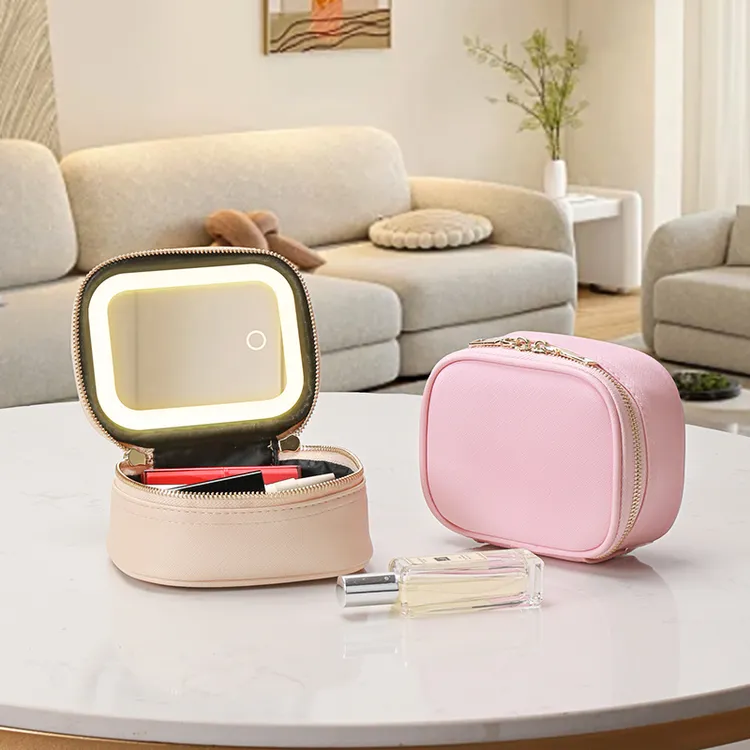 便携小巧化妆包带LED灯带镜子首饰盒创意时尚旅行收纳包收纳盒