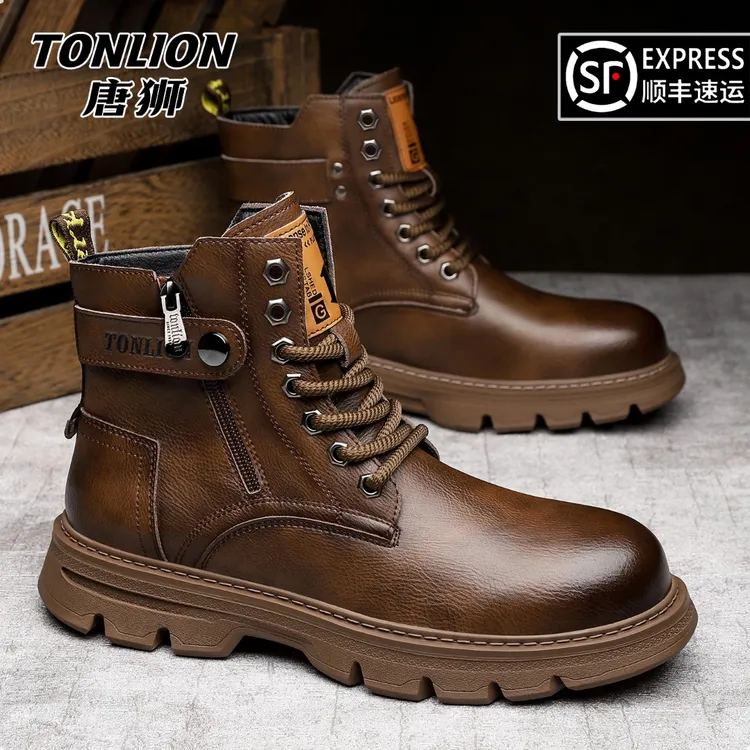 唐狮男鞋2025冬季加绒工装厚底英伦风潮流马丁靴工装高帮皮鞋8174