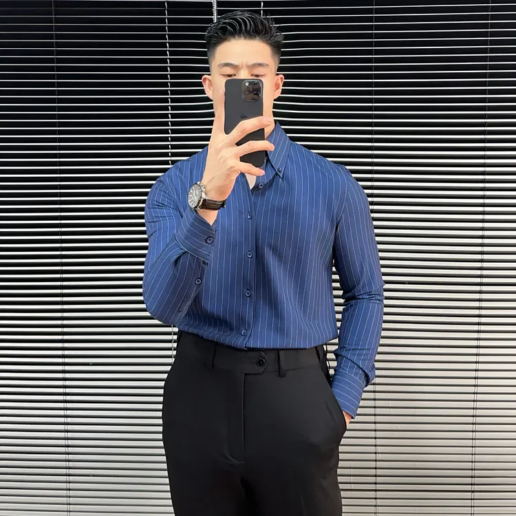 痞帅条纹大领衬衫男士长袖商务休闲修身衬衣秋季新品时尚男装
