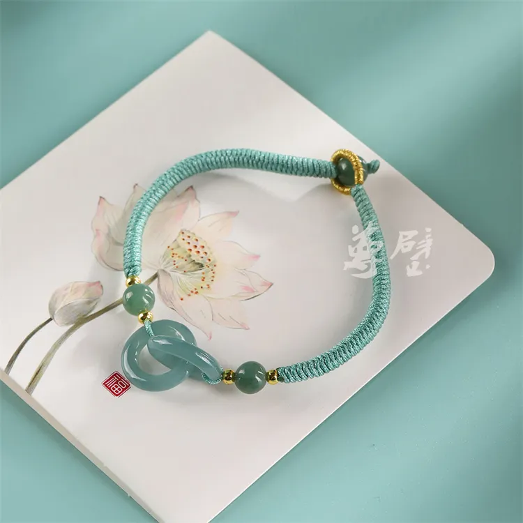 天然翡翠A货蓝水同心环红绳手链环环相扣男女情侣小清新玉石手绳