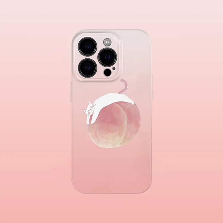 粉色桃子手机壳适用iPhone15promax苹果14菲林13手绘12猫咪16华为
