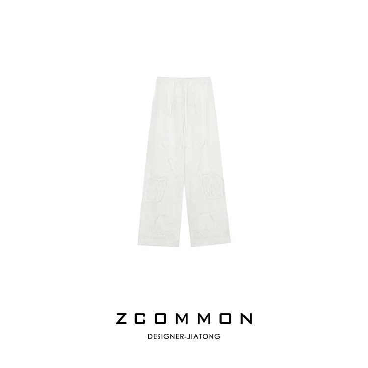 Z common度假风夏季重工刺绣提花松紧腰纯色休闲阔腿裤 2507113