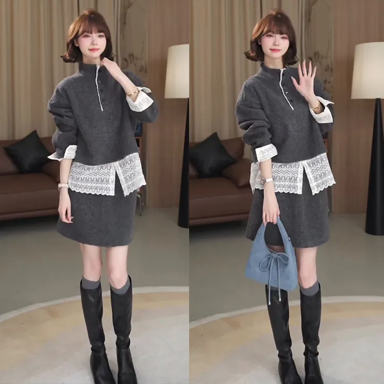 秋冬时尚一整套女装2025新款韩版蕾丝拼接立领卫衣高腰短裙两件套