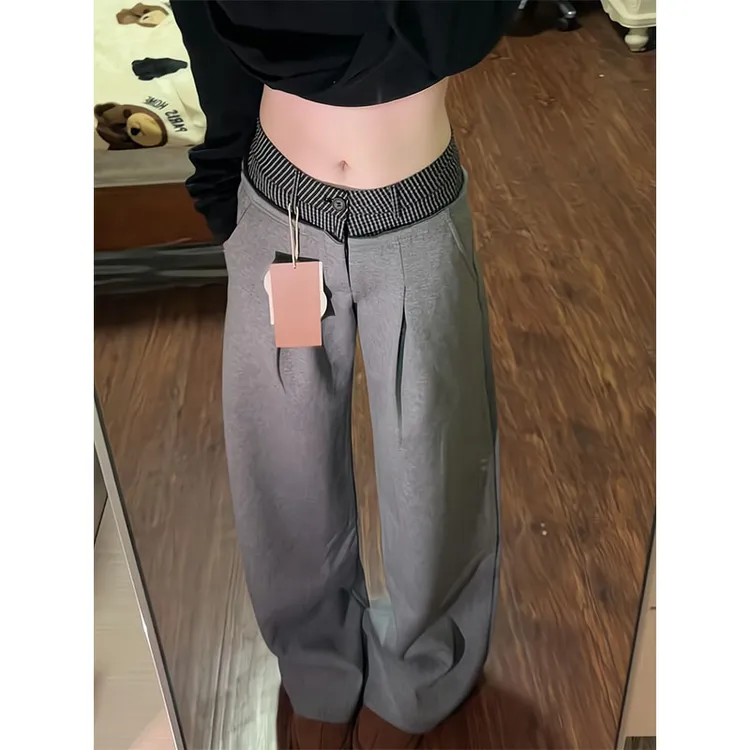 美式复古双腰头格子拼接垂感显瘦女秋冬简约宽松显瘦慵懒休闲裤子