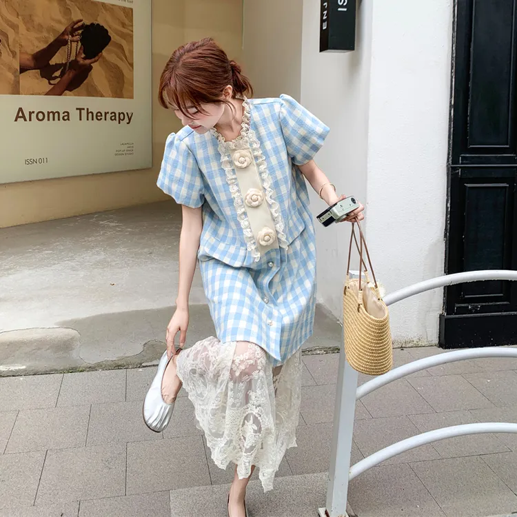 设计感法式蓝色格子泡泡袖衬衫裙蕾丝刺绣半身裙两件套连衣裙女夏