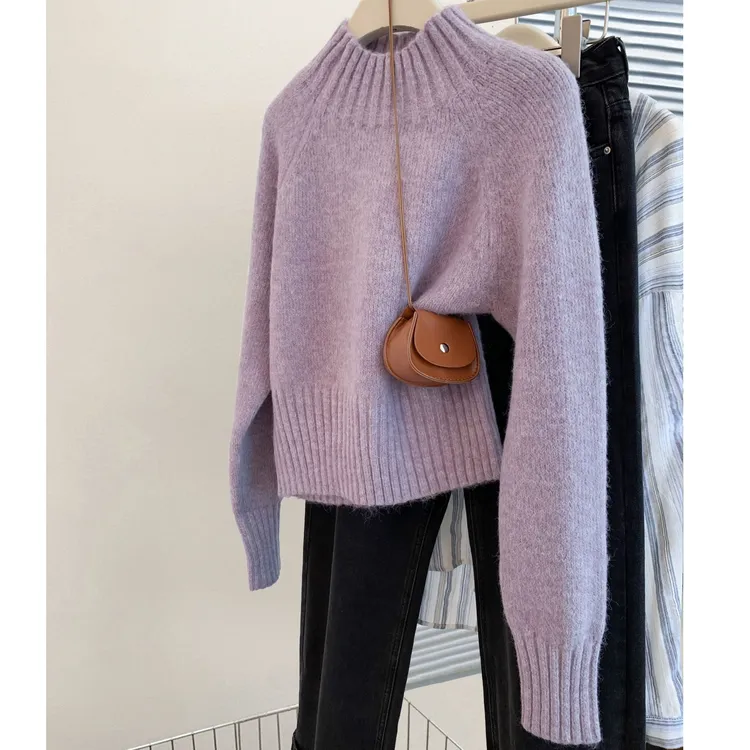 紫色半高领加厚针织毛衣女2025冬短款小个子慵懒内搭欧货套头上衣