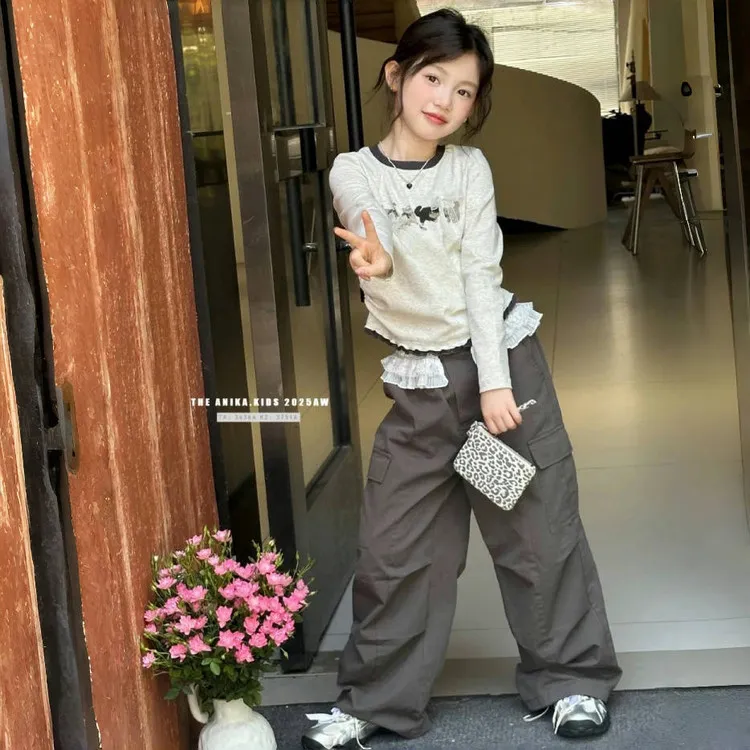 女童秋季新款套装洋气蝴蝶结长袖女孩上衣花边工装裤女宝宝两件套