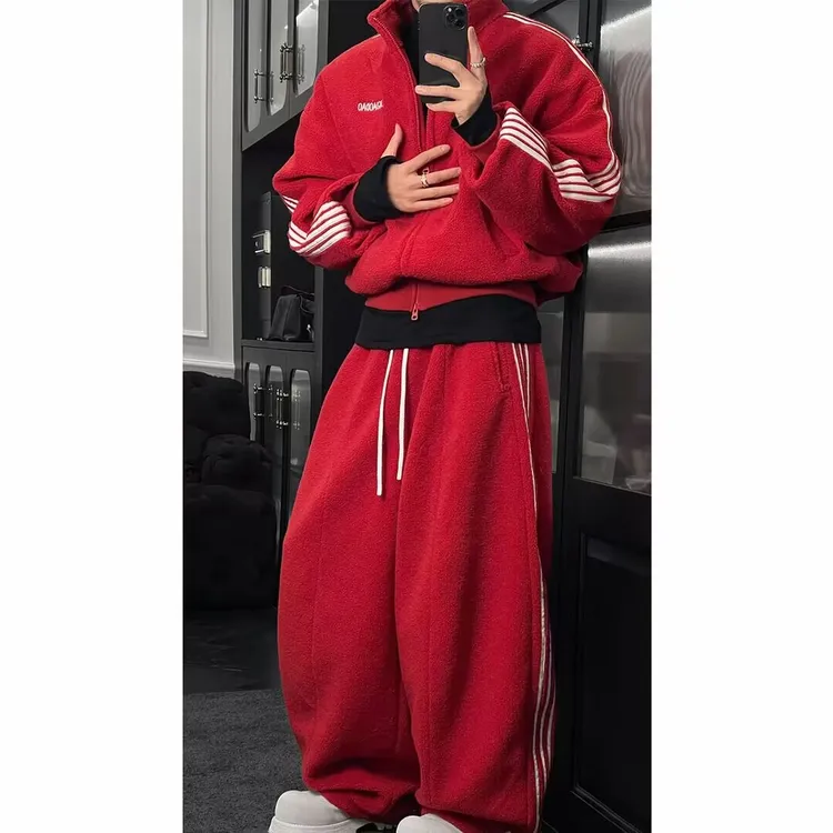 时尚潮流冬季新品美式复古运动条纹加绒百搭外套宽松长裤套装