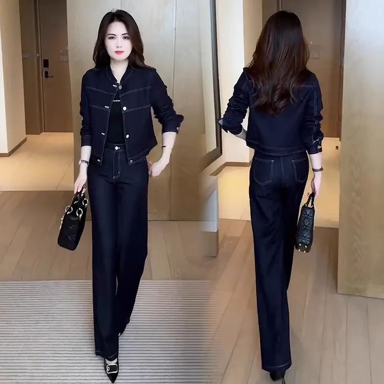 时尚减龄牛仔套装女2025春季新款小个子时髦洋气外套阔腿裤两件套