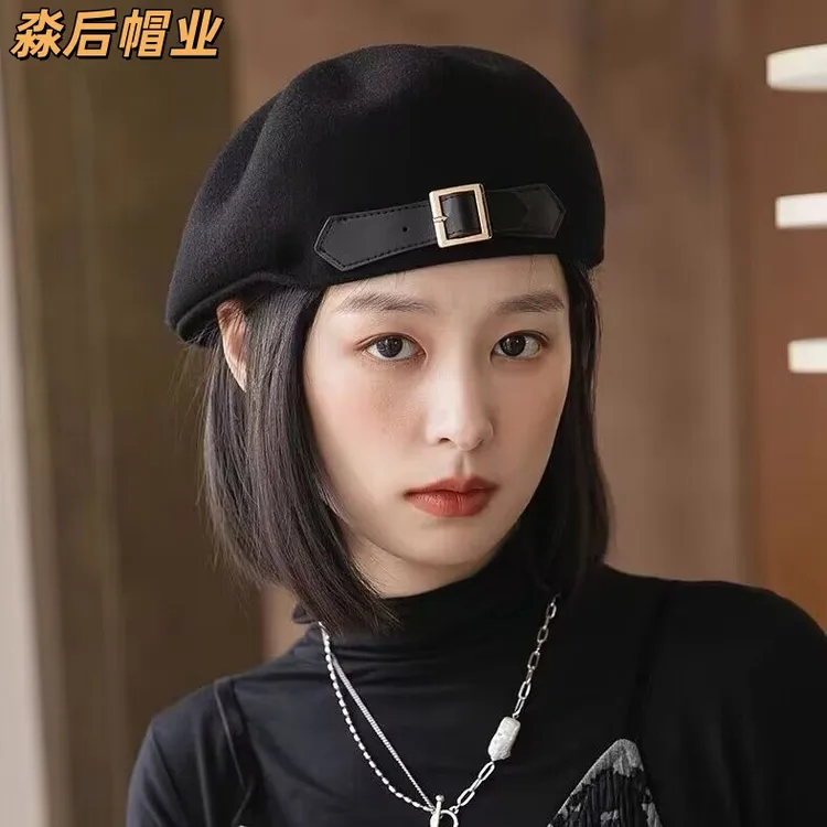 羊毛贝雷帽女秋冬黑色复古鸭舌帽时尚优雅前进帽百搭英伦毛呢礼帽