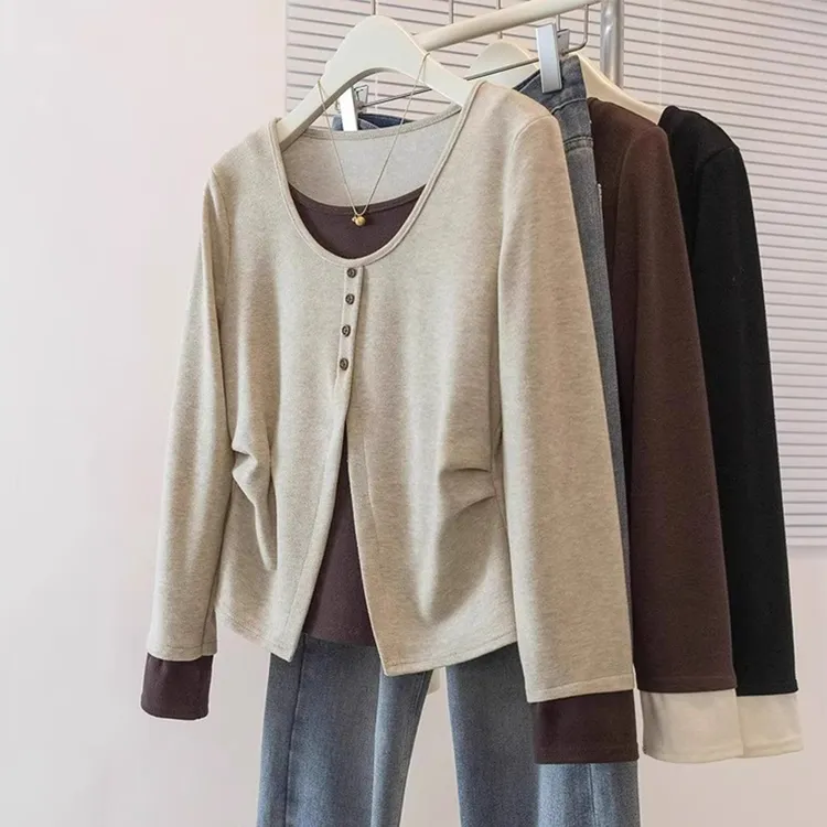 新款纯棉正肩假两件修身内搭上衣t恤秋冬季不规则通勤拼接长袖女