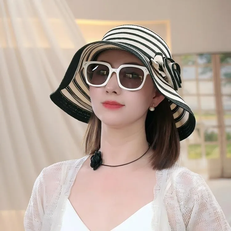 夏季新款防晒帽条纹编织遮阳帽卷边法式百搭时尚旅游大檐太阳帽女