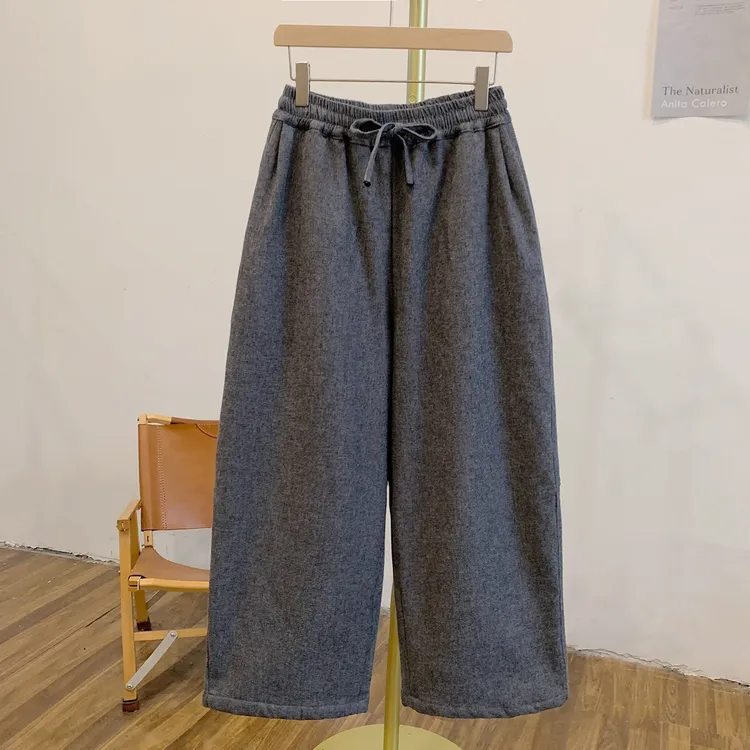 Y4178加绒人字纹松紧腰系带阔腿裤