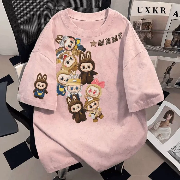 夏季卡通印花纯棉女童扎染短袖t恤休闲百搭潮流可爱上衣