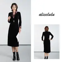 [alicelulu]设计感撞色复古风V领通勤假两件连衣裙S2144739E