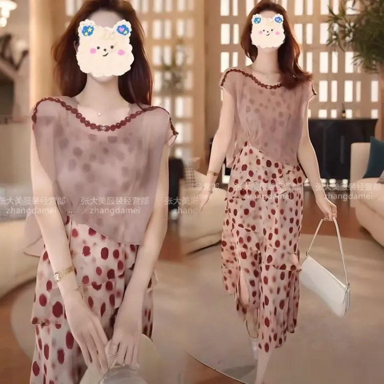 2025夏季新款洋气百搭套装波点罩衫两件套气质高腰显瘦遮肉连衣裙