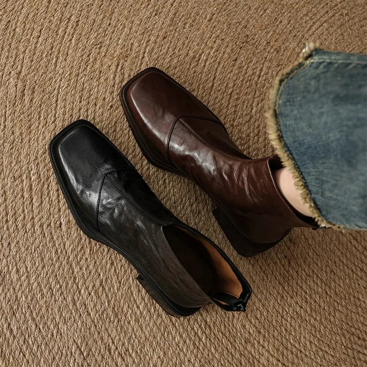 软羊皮中跟粗跟短靴女瘦瘦靴2025新款秋冬法式黑色复古方头马丁靴