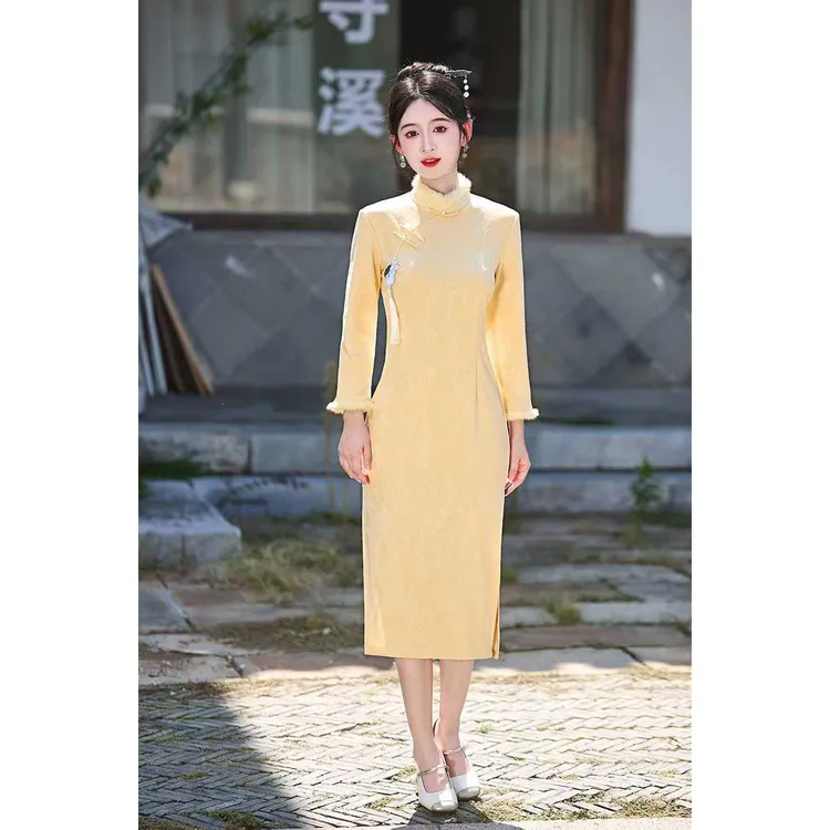 秋冬中式加厚长袖气质旗袍冬季中长款中国风日常改良礼服ins-花朝
