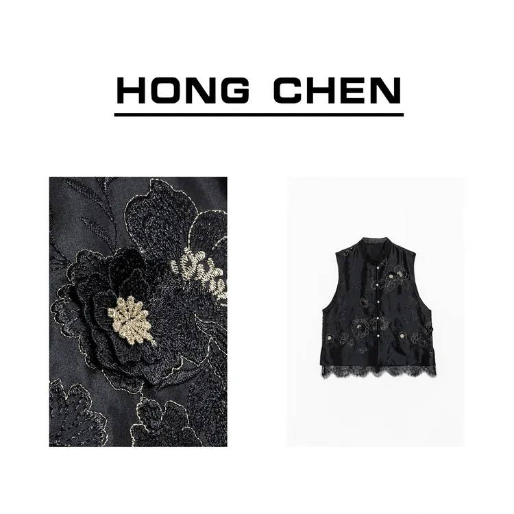 【虹辰】高端桑蚕丝刺绣气质马夹高级感欧根纱时尚优雅贵气-HC1178