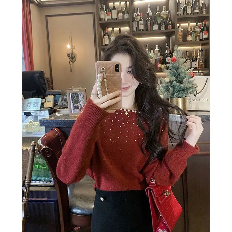 战袍毛衣女装针织衫2024甜美新年mm钉珠秋冬新款打底风潮减龄纯欲