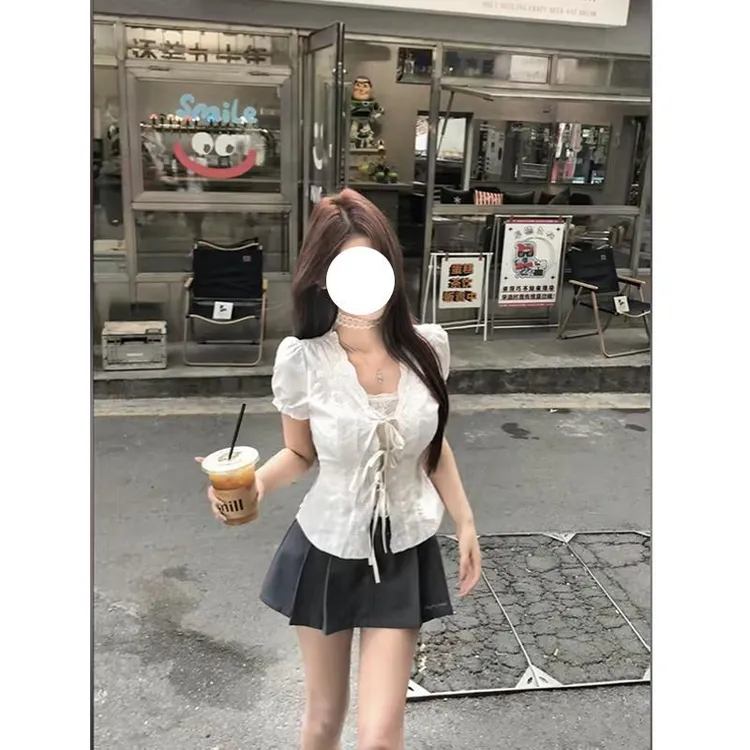 法式小众设计感假两件衬衣女春季别致收腰衬衫蝴蝶结气质短袖上衣