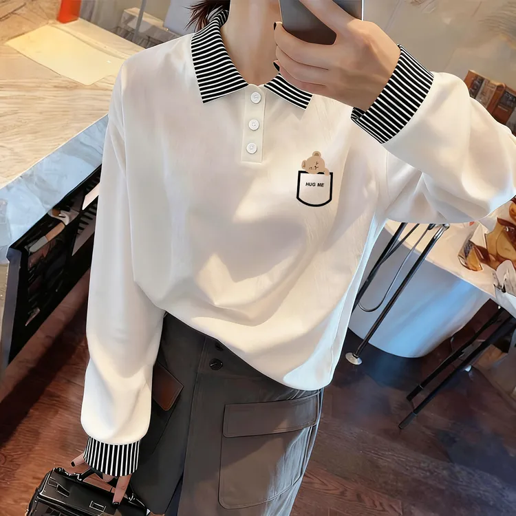 春秋新款痞帅炸街风女装T恤小清新简约上衣法式条纹POLO领打底衫