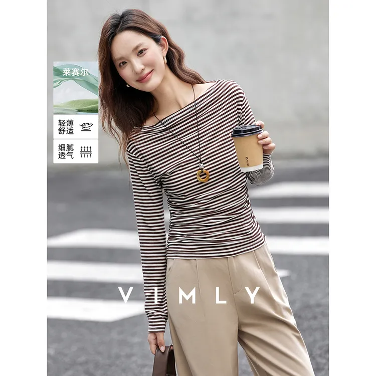 梵希蔓法式复古咖白条纹一字领t恤女秋显瘦通勤长袖上衣A3039