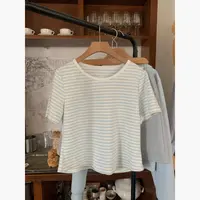 【条纹画报】大头婷微胖定制条纹撞色圆领短袖正肩T恤上衣 Z5903