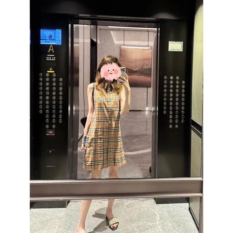 夏季新款经典无袖格纹系腰带女士连衣裙百搭休闲