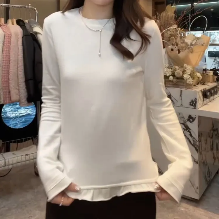 【柔软慕斯】韩版纯色花边长袖T恤秋冬百搭加绒打底衫LK2508619